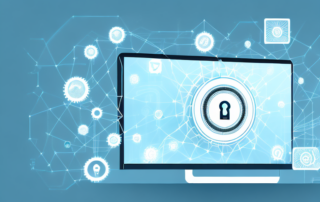 A computer with a shield symbol on the screen