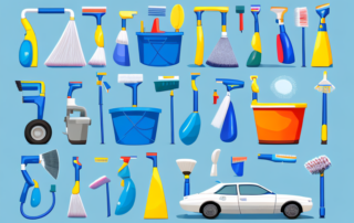 A variety of car washing tools such as a bucket filled with soapy water