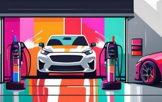 A pristine automotive paint shop with various car parts like doors and bonnets hanging and being spray painted in vibrant colors