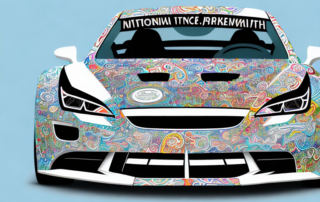 Several different styles and colors of car wrap designs on various car models