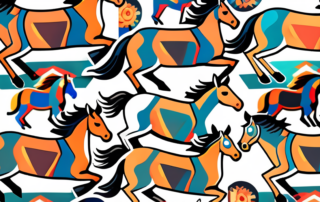 A variety of colorful and stylish horse stickers artistically arranged on the side of a sleek car