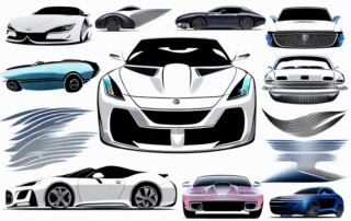 Various unique and stylish car decals on different parts of a sleek sports car