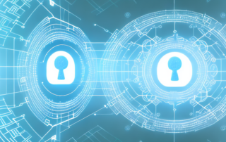 A digital world with various devices like computers and smartphones