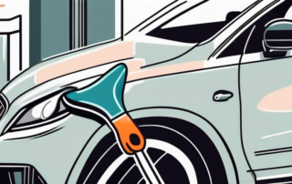 A car with small scratches being fixed using various tools and products