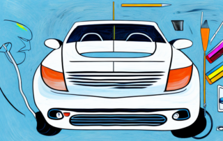 A car in a professional garage setting with various painting tools and equipment nearby