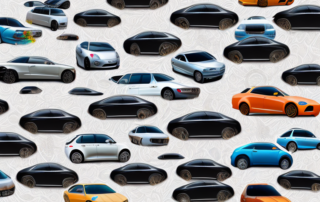 Various cars adorned with different types of adhesive films featuring diverse designs and patterns