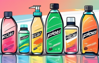 Several different types of windshield washer fluids in colorful bottles