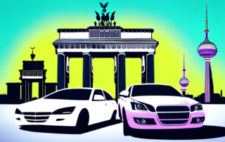 Several cars with different vibrant and stylish foil wraps parked in front of iconic berlin landmarks like the brandenburg gate and the berlin tv tower