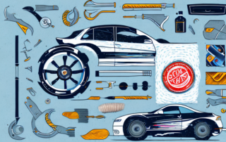 A car's cockpit with visible scratches and a set of tools nearby