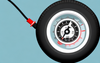 A car tire with a pressure gauge attached to it