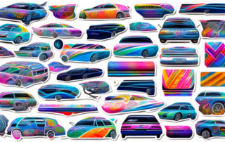 A variety of colorful and stylish stickers on different parts of a car