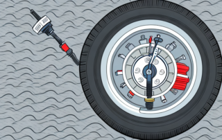 A car tire attached to an air pump with a pressure gauge