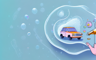 A residential setting with a car covered in soap bubbles and a water hose nearby