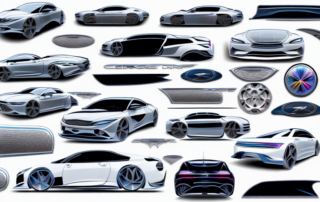 A variety of unique and stylish car stickers on different parts of a sleek