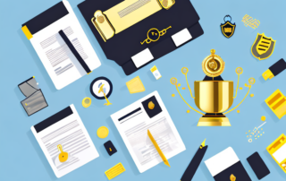 Various insurance policy documents with a golden trophy on top
