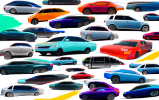 Several cars in various stages of being painted in different vibrant colors
