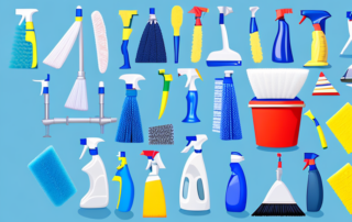 A variety of cleaning tools such as a bucket