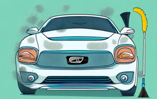 A car with visible lime scale spots being cleaned by a variety of cleaning tools and products