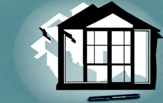 A broken house window with a silhouette of a burglar escaping