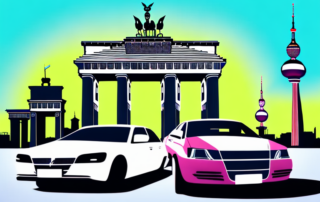 Several cars with different types of vibrant vinyl wraps parked in front of iconic berlin landmarks like the brandenburg gate and berlin tv tower