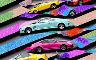 A few cars with various vibrant glitter car wraps