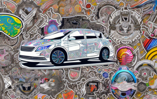 A car adorned with various creative and individualistic decals and stickers