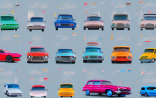 A variety of cars with different types of colorful foil finishes parked in front of iconic landmarks in aschaffenburg