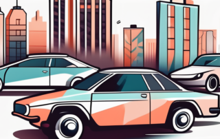 A variety of cars displaying different abstract shapes and patterns that represent logo stickers