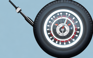 A car tire with a pressure gauge attached to it