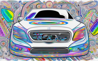 A car with various colorful and creative decals and stickers on it