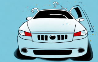 A car in a professional garage setting with a spray gun applying a fresh coat of paint to it