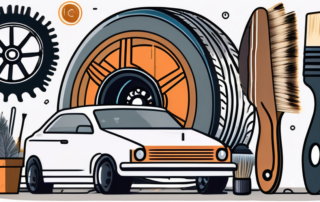 A diy brush next to a clean car wheel