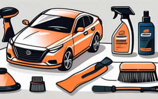 A professional car cleaning kit with various tools like brushes