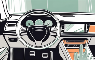 A car's dashboard with cleaning tools like a brush