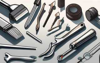 A variety of dent repair tools arranged neatly on a workshop table