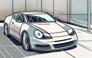 A car with a gleaming windshield and a bottle of polish and a cloth next to it