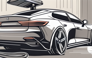 A car being detailed with various car detailing tools like a buffer