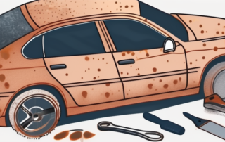 A car with small rust spots and tools like a sandpaper