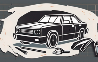 A damaged plastic bumper on a car with tools such as a heat gun