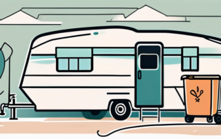 A residential setting with a parked caravan in the driveway
