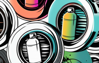 Several spray cans with different colors and cap shapes