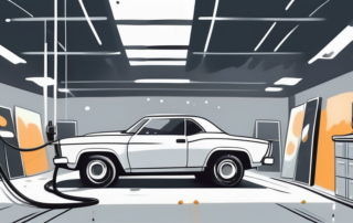 A car in a professional painting booth with spray guns applying a fresh coat of paint