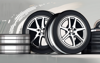 A set of aluminum car wheels with various tools like sandpaper