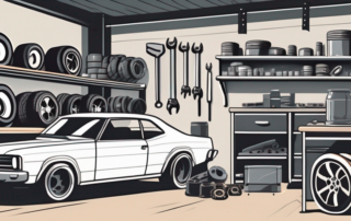 Various car parts spread out on a workbench