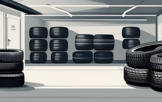 Stacked tires with rims in a well-organized garage setting