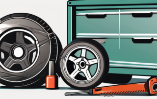 A set of damaged alloy wheels next to a toolbox filled with various repair tools