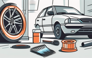 Various types of car rims being cleaned with different tools and cleaning products