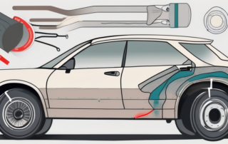 Various types of car body filler (spachtelmasse) next to a car with some areas marked for repair