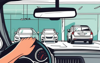 A car in a repair shop with a visible warranty tag hanging from the rear-view mirror