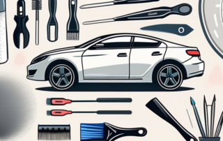 A car with visible micro scratches on its surface next to a set of car detailing tools and products